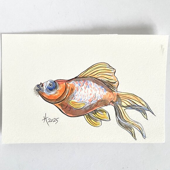 Chunky Goldfish 3 Original Watercolor Wall Art Painting 8x10in Matted FrameReady - Picture 4 of 8